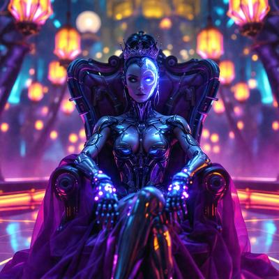 The primary subject of the image is a woman sitting on a chair, wearing a purple dress and a crown. She appears to be a futuristic character, possibly a cyborg or a robot. The setting is a room with a purple color scheme, and the visual style is digital art. The dominant colors are purple and pink, creating a futuristic and fantastical atmosphere.